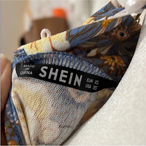 SHEIN Navy Floral High-Neck Puff Sleeve Bodycon Dress - Picture 2 of 2